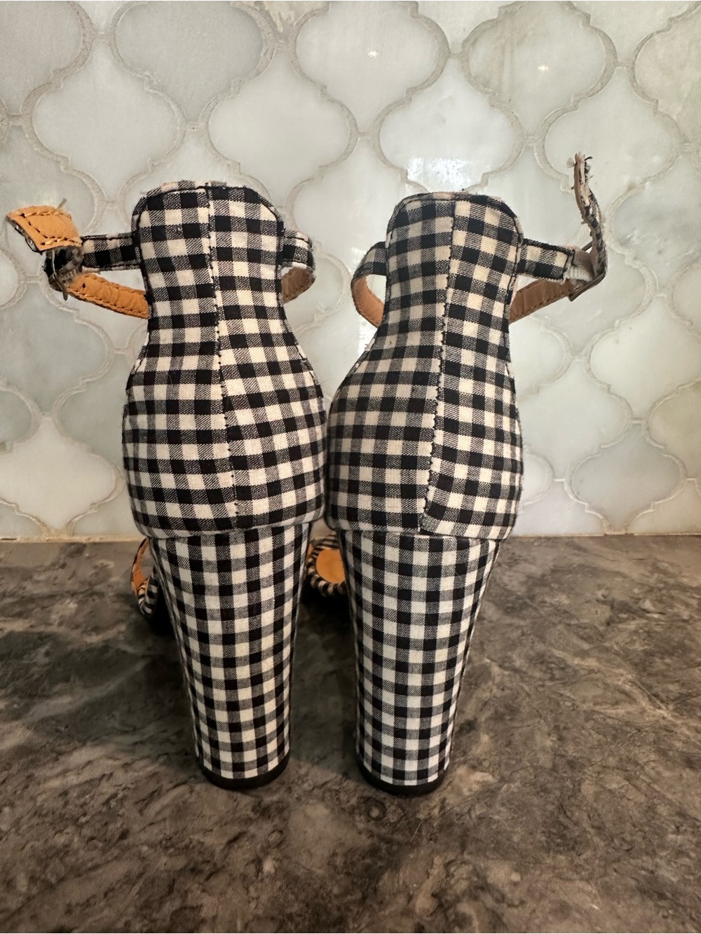 Streetwear Society Black & White Gingham Ankle-Strap Block Heels - Picture 4 of 6